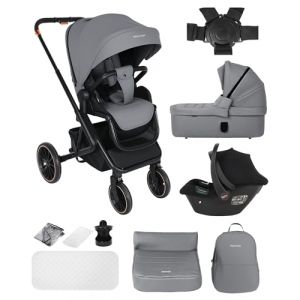BabyVoyage Poussette 3 en 1 Poussettes Combin&eacute;es Roues &agrave; Amortisseurs 360&deg;, avec porte-b&eacute;b&eacute; I-Size, syst&egrave;me de voyage, poussette trio, poussette pliable, pour nouveau-n&eacute; jusqu'&agrave; 4 ans-Ciel &eacute;toil&eacute; gris (BabyVoyage, neuf)
