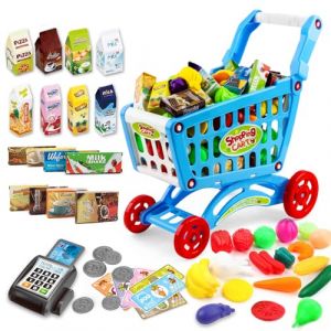 deAO Caddy de Course Comprenant 76 Produits d'épicerie, Fruits, légumes, Accessoires de Magasin Jouet (Bleu) (FOSDA, neuf)