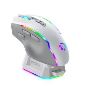 EMPIRE GAMING RF908 - Souris Gamers sans Fil Rechargeable avec Station de Recharge Magnétique RGB - 10000 DPI 8 Boutons Programmables Modes WiFi 2.4GHz / BT/Filaire Via USB-C (Blanc) (OptimumWay France, neuf)