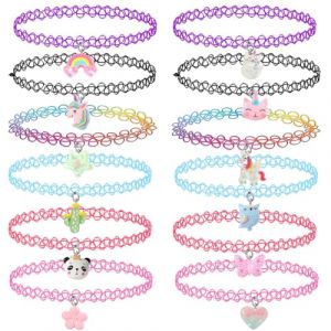 KSJEHW 12 Pi&egrave;ces Tour de cou Collier pour enfants adolescents filles femmes, pendentif breloque licorne arc-en-ciel panda chat c&oelig;ur fleur sir&egrave;ne tour de cou tatouage henn&eacute; &eacute;lastique (wangwenqingouzhoudianpu, neuf)