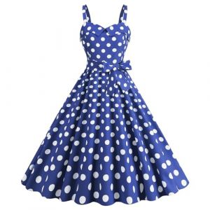 Robe Ann&eacute;e 60 Femme Sexy Col V sans Manche Retro Robe Style 1950's Audrey Hepburn Rockabilly Elegante Polka Dot Trap&egrave;ze Vintage Robes Swing Robe De Bal F&ecirc;te C&eacute;r&eacute;monie Mi Longue (01 Bleu, XL) (Minenany, neuf)