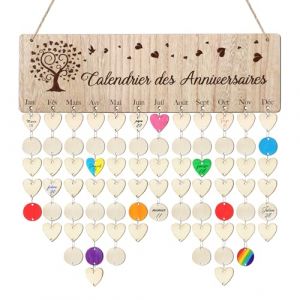 Calendrier d'Anniversaire en Bois Plaque de Rappel Calendrier Francais et 100pcs Mini ranches de Bois Disque Rond Cœur Calendriers Personnalisé Suspendu Décoration DIY pour Maison Fête Anniversaire (ShanDongYuRui, neuf)