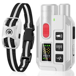 WELLTURN Collier de Dressage pour Chien 2 en 1 &ndash; Mode Ultrason Anti-Aboiement (Port&eacute;e 5 m) & T&eacute;l&eacute;commande 1000 m, Bip, Vibration & Choc S&eacute;curis&eacute;, &Eacute;tanche IP67 & Rechargeable, Blanc (ISMARKET S.R.L., neuf)