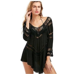 Jinsha Femme Robes Bikini de Plage Pareo Vetements Tunique Tenue Cache-Maillots Poncho Sarongs Couvrir Sexy Crochet Lacet Chemise Beach Bain Kimono Tropical &Eacute;l&eacute;gant Boho&ecirc;me de Plage &Eacute;t&eacute; Femme Noir (Jinsha Store, neuf)