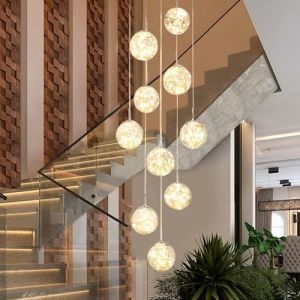 KAUCQI 200CM Lustre Lampe Boule de Verre 10 LED, Pendentif Lumière LED d'escalier, 50W Suspensions Long étoilé Pendant Light, Plafonniers Modernes pour Villas, Escaliers et Salons (Kaucqi-Direct, neuf)