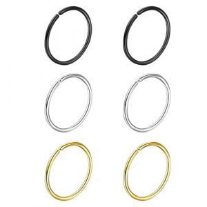 Paquet de 6 boucles d'oreilles anneau de nez en acier inoxydable, bijoux de perçage d'anneau de nez, anneau de nez simple, bijoux de perçage d'anneau nasogénien pour femmes et hommes(acier/noir/or) (YU CHENGLONG DE DIAN, neuf)