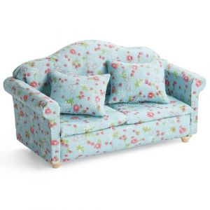 Odoria Maison de Poupée Canapé Miniature - 1/12 Échelle Canapé pour Deux Salon Chambre à Coucher Rustique Vintage - Mini Fauteuil Bureau Meuble Bois avec Oreiller Floral Bleu (Cardinas, neuf)