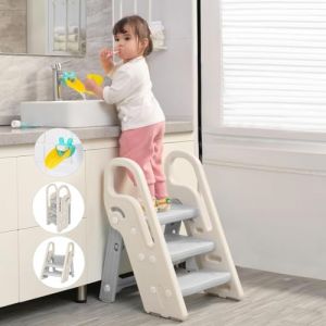 Growaystory Marche Pied pour Enfants, Marche Pied Pliable avec 3 marches, r&eacute;glable en Hauteur, Tour d'apprentissage, pour Cusine, Salle de Bain,Chambre &agrave; Coucher (Gris) (BOR Supplies EU, neuf)