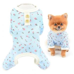 SMALLLEE_LUCKY_STORE V&ecirc;tements pour petit chien, joli pyjama en tricot gaufr&eacute; &agrave; motif floral, pyjama pour chiot et chat, combinaison extensible, v&ecirc;tements de nuit chauds pour Yorkie Chihuahua, bleu, (Shangmaieu, neuf)