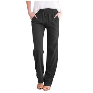 Femme Lin Pantalon Coton Lin Pantalon L&eacute;ger Casual Elegant Pantalon &Eacute;lastique Pantalon D&eacute;contract&eacute;e Fluide Couleur Unie Mode Pants avec Poches Grande Taille Pantalon de Jogging &agrave; Cordon (Blingko, neuf)