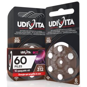 60 Piles Auditives Udivita Taille 312 Type Zinc-Air PR41 Marron - 10 Blisters de 6 Piles (Eurocali, neuf)