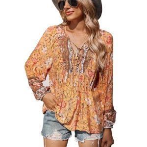 CNTSFS Chemisier pour femme, &eacute;l&eacute;gant, d&eacute;contract&eacute;, style boh&egrave;me, col en V, motif floral, tunique ample &agrave; manches longues, &eacute;t&eacute;, Orange, M (CNTSFS, neuf)