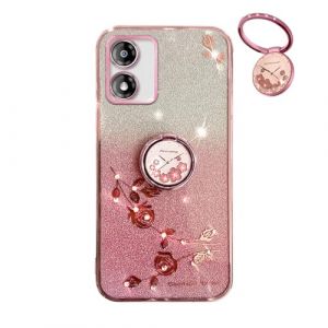 YUECXIN Coque Paillettes pour Motorola Moto E13 4G, Tr&egrave;s Mince Antichoc TPU Bumper Doux Silicone Housse, D&eacute;licat Mode Fleurs Ring Holder Stand Bling Femmes Filles &Eacute;tui. Rose (YUECXIN, neuf)