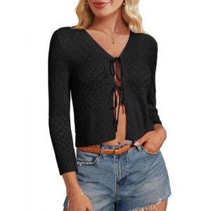 GRACE KARIN Boléro court en tricot pour femme - Manches 3/4 - Col en V - Élégante veste avant - Cravate en tricot - Pull léger - Boléro Shrugs, Noir , XXL (Prekare-eu, neuf)