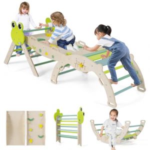 GOPLUS 7 en 1 Triangle Escalade Montesorri pour Enfants 1 Ans+, Parcours Montesorri Bebe Bois Pliable avec Arche, Rampe, Corde&Échelle, Pont, Aire de Jeux Intérieur (Grenouille|7 en 1,Vert) (Augenstern24, neuf)