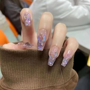 Armure de port faite à la main avec dégradé violet fantôme, faux ongles longs transparents et détachables, transparents et glacés(XS) (Seful Store, neuf)