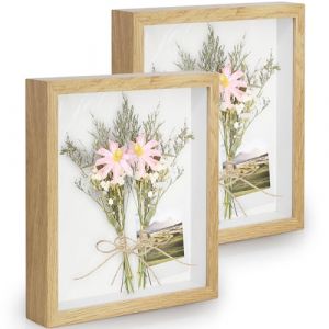 Anhow 3D Cadre Boîte 15x20 cm (6x8 Pouce), 2pcs Cadre 3D Profond avec Vitre Transparente Incassable pour Fleurs, Souvenirs, Diamond Painting - 3cm Profondeur/ Grain de Bois (Anhow Direct, neuf)