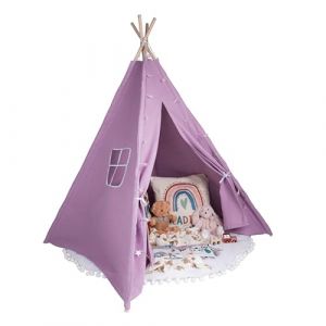Relsy Tente tipi violet blush pour enfants | Tipi de jeu violet pour filles et garçons 140 x 120 cm toile de coton avec étoiles lumineuses et accessoires de tapis (RELSY, neuf)