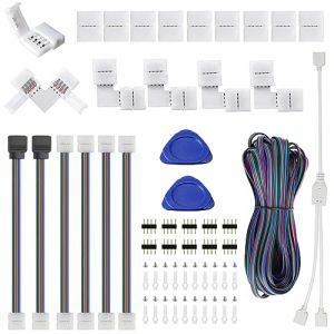 Amefil Connecteur de bande LED 8mm 4 broches pour 3528 2835 RGB Rope Lights, 32.8ft/10M Extension Wire Cable, L Shape Corner Connector, Solderless Jumpers Connector for 5V 12V Multicolor LED Strip (ASHANSHAN, neuf)