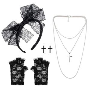 GYIOFAI 4 Pièces Deguisement Annee 80 Femme Costume Années 80 Bandeau Dentelle Boucles d'oreilles Gants Dentelle Collier Accessoires Années 80 pour Carnaval Fête Halloween (Noir) (Ruquan Shop, neuf)