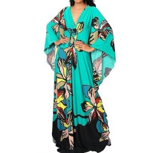 Bsubseach Caftan Femme Robe de Plage Grande Taille Longue Kaftan Maxi Ete Cache Maillot de Bain Djellaba Tunique Bohème Boho Cover Up Lac Vert Floral (Bsubseach-EU, neuf)