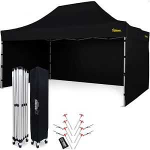 Economique Star Tente Pliante 3x4,5 imperméable, Toit 100% étanche 3 parois latérales, 8 goupilles d'ancrage, Housse de Protection Ente de Jardin, Barnum Pliant, tonnelle Pliante, Canopy Tente Noir (BRIMO pavillon, neuf)