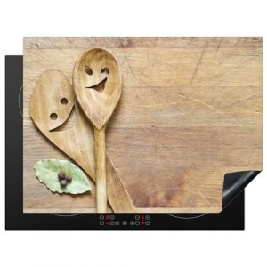 KitchenYeah© Protection Plaque Induction 70x52 cm Protege Deco Cuisine Cache Protège De Cuisson Accessoire Bois - Cuillères - Marron - Smiley (KitchenYeah, neuf)