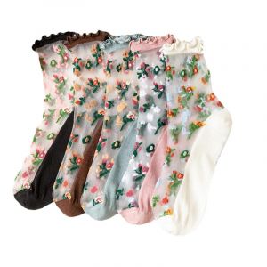 Yolhloy 5 Paires Chaussettes Transparentes pour Femmes Chaussettes Fines en Filet &agrave; Paillettes Nylon Cheville Socquettes en soie Douce &Eacute;t&eacute; Vintage Fleur Ruffle Chaussette &agrave; Volants (edreamoriginal, neuf)