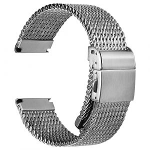 REZERO Bracelet M&eacute;tallique de Montre, Sangle de Montre en Maille Milanaise &Eacute;paisse et Solide, Finition Bross&eacute;e et Mate, Lani&egrave;re de Remplacement pour Homme, Femme, Argent/Noir 19mm 20mm 21mm 22mm 24mm (REZERO EU, neuf)