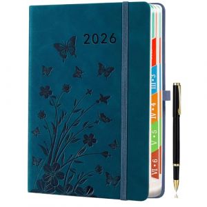 2026 Agenda Jour par page, A5 (bleu paon) : Agenda par jour de janvier à décembre, agenda quotidien et mensuel avec onglets mensuels colorés,design floral, porte-stylo élastique,bleu paon. (ZT BenYu, neuf)