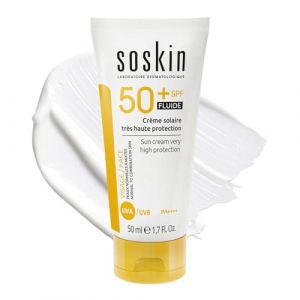Soskin - Cr&egrave;me Solaire Haute Protection SPF50 Fluide - Protection UVA/UVB - Texture L&eacute;g&egrave;re pour Peaux Sensibles - R&eacute;sistante &agrave; l&rsquo;Eau - Fabriqu&eacute;e en France - 50ml (Laboratoire Soskin, neuf)