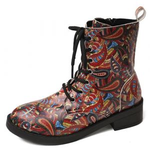 Bottes pour Femmes Bout Rond Talons Bloc Bottines Plateforme Gothique À Lacets Punk Bottes De Combat De Moto en Cuir Imprimé Multicolore Grosses Bottes Courtes (ToBe-One, neuf)