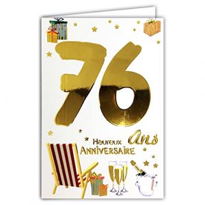 Carte Heureux ANNIVERSAIRE 76 ans avec un texte &agrave; l'int&eacute;rieur - Bouteille Fl&ucirc;tes Champagne Vin P&eacute;tillant Cadeaux Etoiles Transat Chaise Longue Fauteuil (A.F.W., neuf)