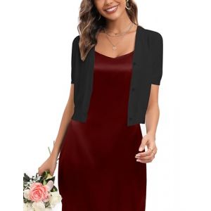 Boléro Femme Cardigan Court Gilet Veste Tricot Bouton Manches Courtes pour Robe T Shirt Bretelle Chic Elégante Soirée Fête Décontracté,Noir*Court,M (Enjyam, neuf)