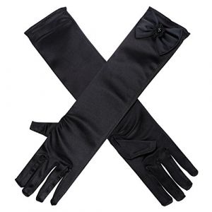 Gants Satin Longs Fille de Mariage - Mitaines Exquis Enfant Bowknot Mignon - Accessoires Robe Pour Soir&eacute;e Partie Performance C&eacute;r&eacute;monie Wedding - Cadeau de No&euml;l Halloween, Noir, Taille Unique (IBlueloveruk, neuf)
