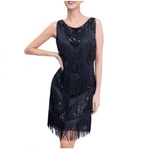 Robe des ann&eacute;es 20 pour femme Gatsby ann&eacute;es 1920, robe &agrave; franges, robe courte, costume Charleston, robe &agrave; paillettes, robe de carnaval &agrave; franges, robe de carnaval, Noir , XL (EIBEE, neuf)