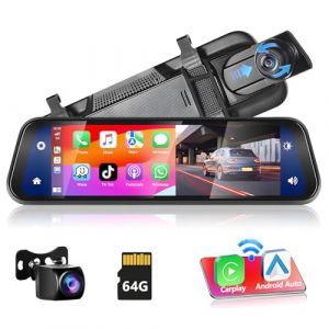 Podofo HD R&eacute;troviseur Dashcam Cam&eacute;ra de Recul avec Apple CarPlay sans Fil Android Auto,9,66 Pouces 1080P IPS &Eacute;cran Tactile Double Cam&eacute;ra de Tableau,2 &Eacute;crans D'affichage,Bluetooth+AHD Cam&eacute;ra de Recul (podofo Shop, neuf)