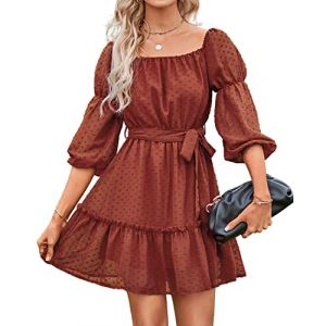 BebreezChic Robe &eacute;l&eacute;gante &agrave; manches longues et &eacute;paules d&eacute;nud&eacute;es - Couleur unie - &Agrave; pois suisses - Mini robe d'&eacute;t&eacute; - Robe de f&ecirc;te - Robe de plage avec ceinture, rouge-orange, L (BebreezChic, neuf)