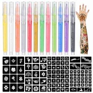 Tatouage Temporaire Stylo 12Pcs Couleurs Stylos à Tatouage Freehand Tatouage Temporaire Stylo Tatouage Avec 108 Pochoir Tatouage Marqueurs de Tatouage Temporaires Pour la Peau ZYH2304001KIT (QUELLE TATTOO, neuf)
