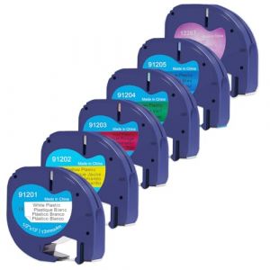 DOREE 6er-Pack letratag bunt 12267,91201,91202,91203,91204,91205, Kompatibel mit Dymo LetraTag Etikettenbändern 12 mm x 4 m und Dymo LetraTag Etikettiergeräten LT-100H, LT-100T,LT-2000,XR200B,LTQX50. (Doree Supplies B.V., neuf)