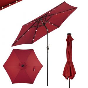 GOPLUS Parasol de Jardin Exterieur 2,7M, Parasol Inclinable 6 Baleines, Lumineux Solaire 18 LED, Manivelle, Anti-UV, Grand Parasol en Métal pour Plage Balcon Patio, Rouge (Augenstern24, neuf)