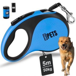 CORTESPETS® Laisse Chien, Enrouleur 5m pour Chiens jusqu'à 50 kg avec Support pour Sacs à excréments, Extensible, Rétractable. Laisse rétractable Gros Chien. (Bleu, L - 5M - 50KG) (Cortes Global  FR, neuf)