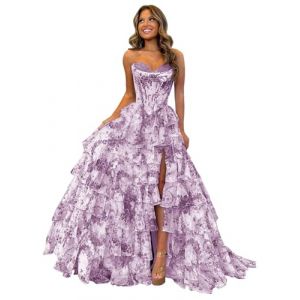 G&eacute;n&eacute;rique Robe De Bal en Tulle &agrave; Imprim&eacute; Floral Longue Robe De Soir&eacute;E Fendue &agrave; Volants D&eacute;Collet&eacute; en C&oelig;Ur sans Bretelles avec Poches Wisteria 0 (WuSongUS, neuf)