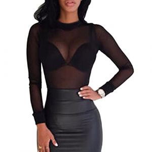 ORANDESIGNE Femme Mesh Crop Top Y2k Sexy Transparent Haut T-Shirt en R&eacute;sille Perspectif Manches Longues Dentelle Slim Fit F&ecirc;te Blouse Clubwear I Noir L (Wowmart Zoo X., neuf)