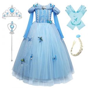 Monissy Costume Reine des Neiges Princesse Elsa Robe Bleu Dentelle Manche Longue Tulle Brillant Papillon Diad&egrave;me Perruque Gant Baguette D&eacute;guisement Halloween Anniversaire, Bleu, 100 (Monissy, neuf)