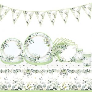 98pcs Assiette Jetable Anniversaire - Vaisselle Jetable Anniversaire Set Avec Assiettes Carton,Gobelet, Nappe,Nappe Anniversaire&Bannière,Assiette Jetable Verte Pour Decoration Baby Shower Mariage (QIFU DirectUK, neuf)