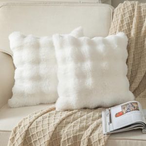 Yaertun Lot de 2 Blanc 50 x 50 cm Housses de Coussin D&eacute;corative en Laine Douce &eacute;paisse Fausse Fourrure Peluche Taie d'oreiller Moelleux pour Canap&eacute; Chambre &agrave; Coucher (Yaertun, neuf)