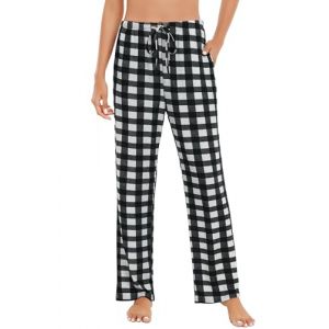 Lovasy Pantalon Pyjama Femme &agrave; Carreaux Bas de Pyjama en Coton Hiver avec Poches Pantalon de Nuit Doux et Confortable Long Grande Taille B-Noir et blanc XL (Lovasy Direct, neuf)