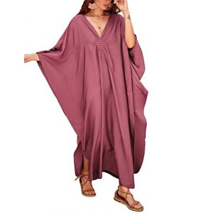 Bsubseach Femme Longue Robe de Plage Eté Casual Caftan avec Col en V et Manches Chauve-Souris Djellaba Grande Taille Kaftan Cache-Maillot Maxi Kimono Rose Rouge (Bsubseach-EU, neuf)