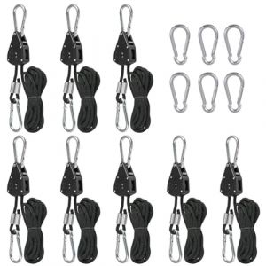 Corde à Cliquet avec Crochet 8Pcs TIMESETL Poulie a Cliquet 150 Livres Tendeur de Corde a Cliquet, Crochet Reglable Sangle a Cliquet pour Lampe Plante, Voile Ombrage, avec 6 Mousqueton de Recharge (TXJ-EU, neuf)